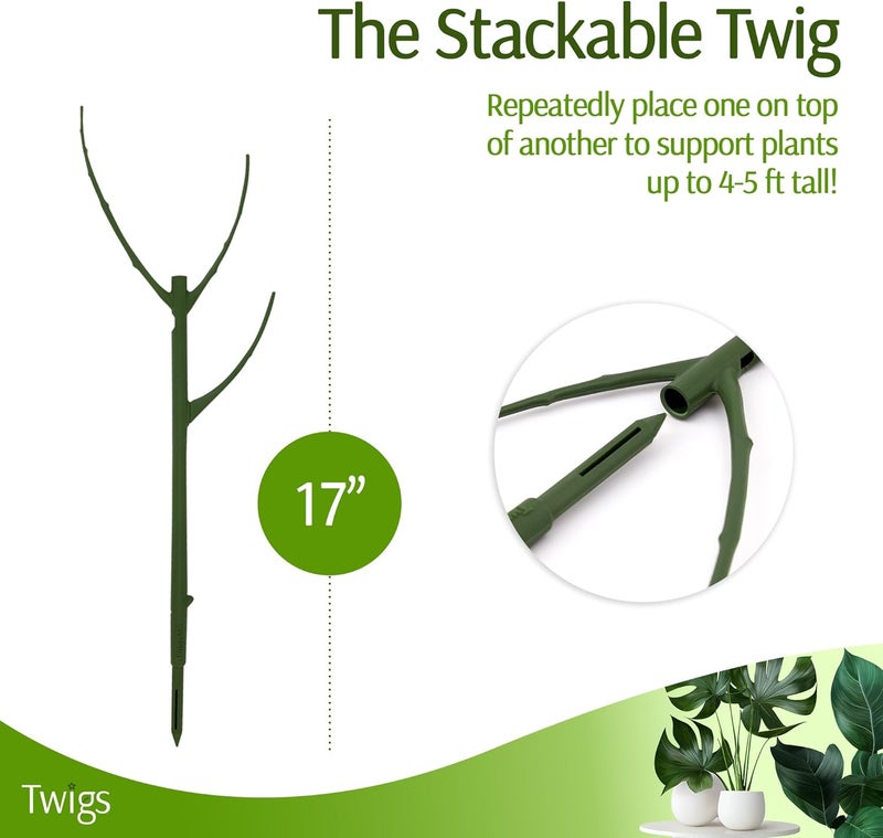 Twigs Ga دعامات دعم النباتات القابلة للتكديس، دعم سيقان النباتات المنزلية والحدائق، ملحقات الحدائق، بديل للشبكات للنباتات المتسلقة والمزروعة - مونستيرا (أخضر داكن)، عبوة 10، 17 بوصة - Image 4